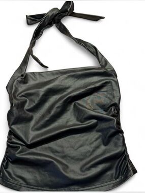 SHEIN Black Faux Leather Halter Tank Top Tie-Neck